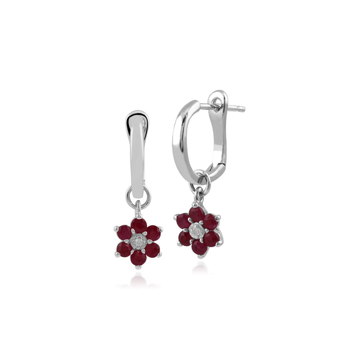 Boucles d'Oreilles Pendantes et Bague Floral Or Blanc 375 Rubis et Diamant