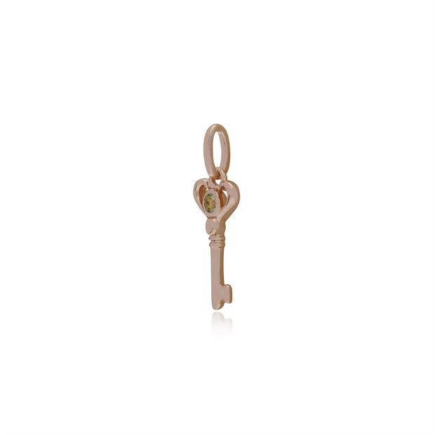 Pendentif Classique Argent 925 Plaqué Or Rose Petite Clé avec Péridot Rond