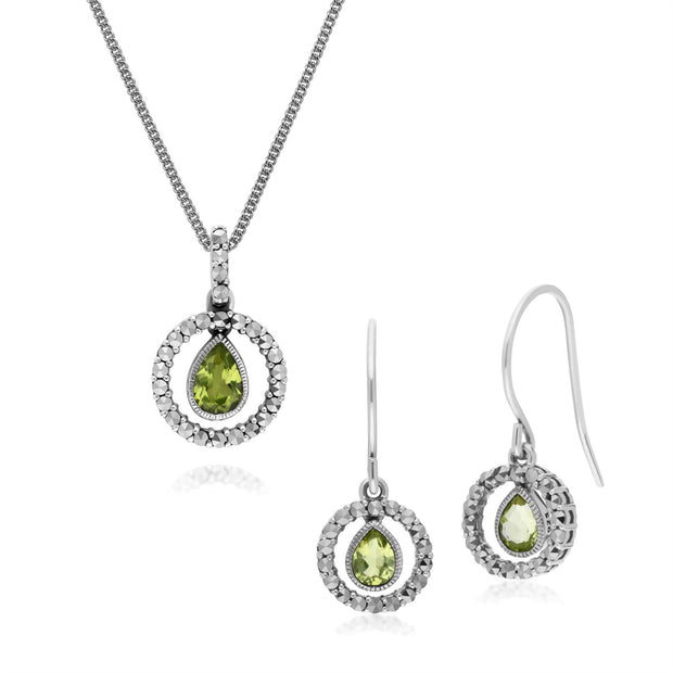 Boucles d'Oreilles Pendantes et Pendentif Classique Argent 925 Péridot Poire et Marcassite