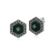 Argent Sterling Teinté Calcédoine et Marcassite Hexagone Boucles D'Oreilles