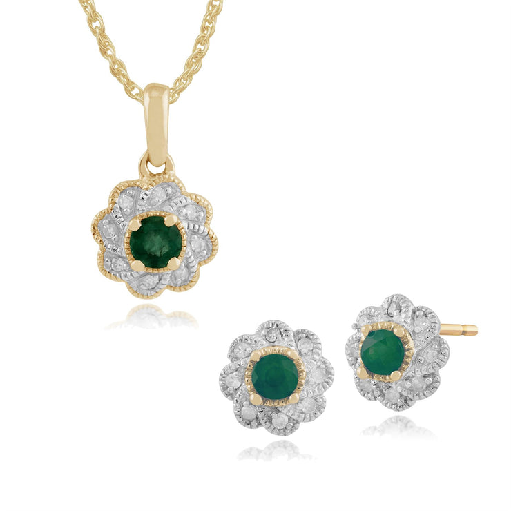 Boucles d'Oreilles Clou et Pendentif Floral Or Jaune 375 Emeraude et Diamant Halo