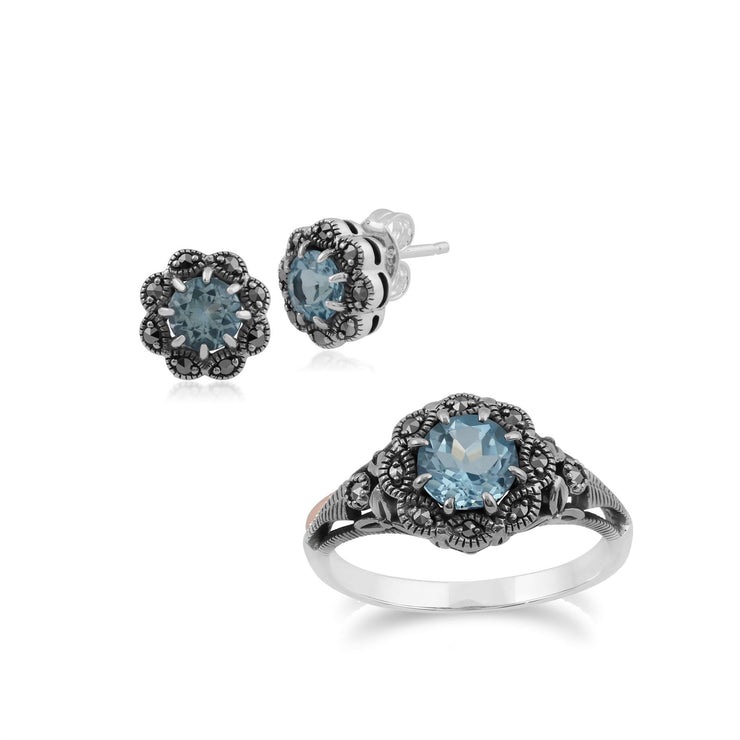 Boucles d'Oreilles Clou et Bague Floral Argent 925 Topaze Bleue Ronde et Marcassite