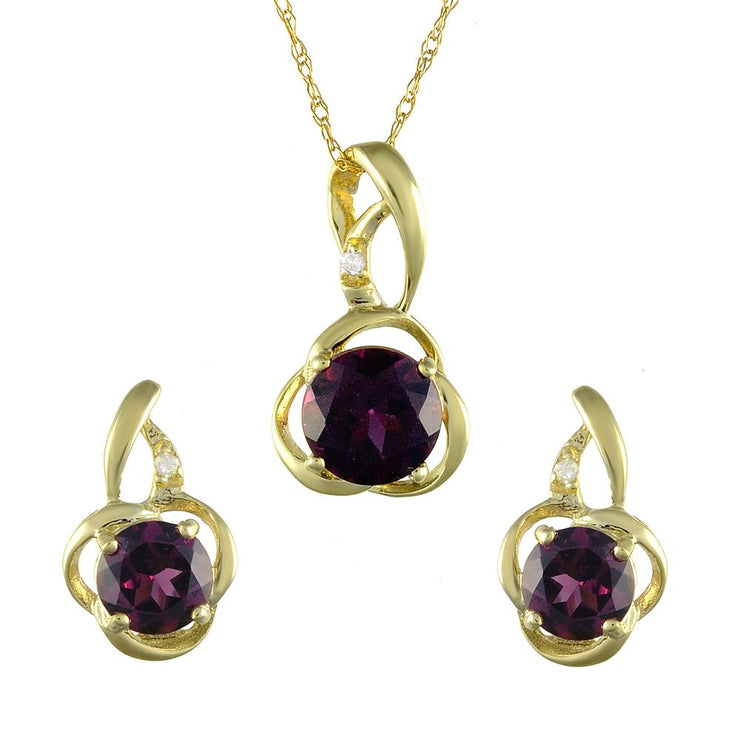 Pendentif et Boucles d'Oreilles Clou Floral Style Art Nouveau Or Jaune 375 Rhodolite et Diamant