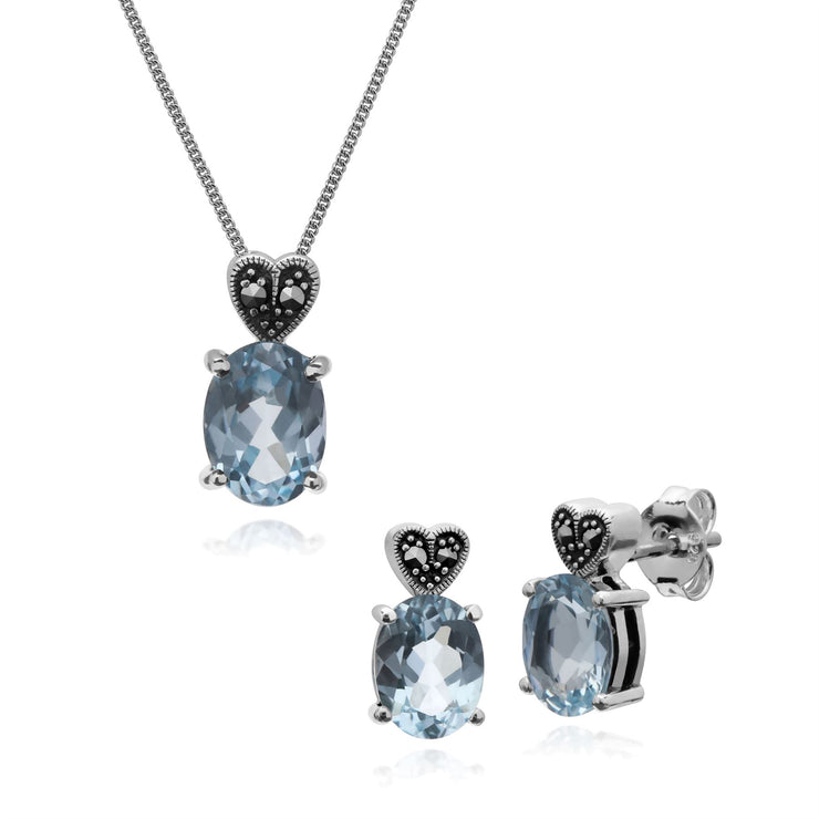 Pendentif et Boucles d'Oreilles Clou Style Art Déco Argent 925 Topaze Bleue Ovale et Marcassite