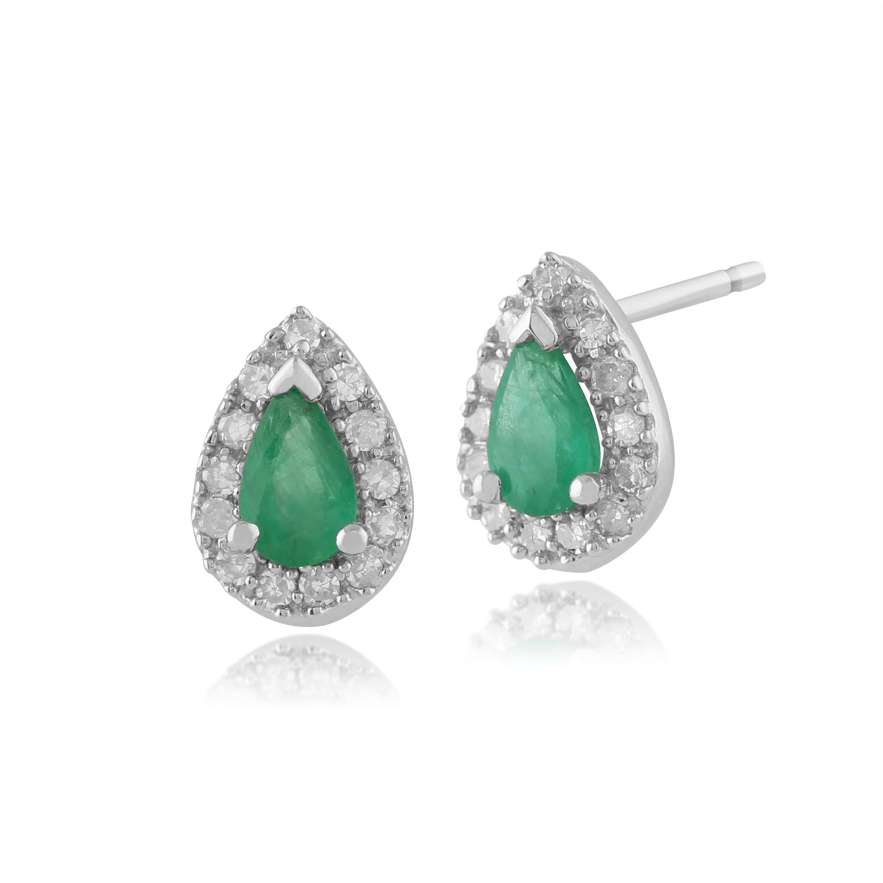Boucles d'Oreilles Clou et Bague Classique Or Blanc 375 Emeraude Poire et Diamant Halo