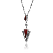 Collier et Boucles d'Oreilles Pendantes Triangle Style Art Déco Argent 925 Cornaline Rouge Cabochon et Marcassite