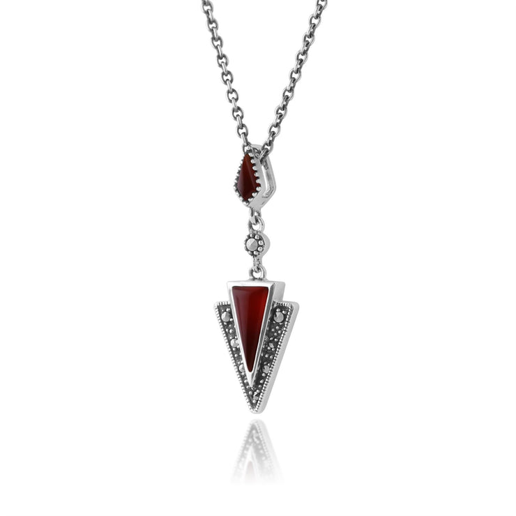 Collier et Boucles d'Oreilles Pendantes Triangle Style Art Déco Argent 925 Cornaline Rouge Cabochon et Marcassite