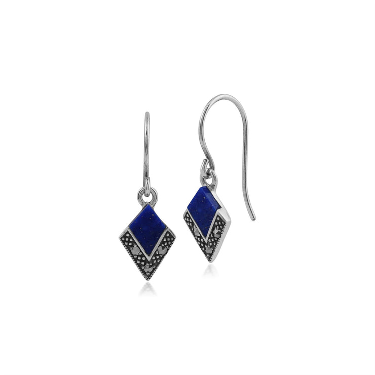 Boucles d'Oreilles Pendantes Style Art Déco Argent 925 Lapis Lazuli cabochon et Marcassite