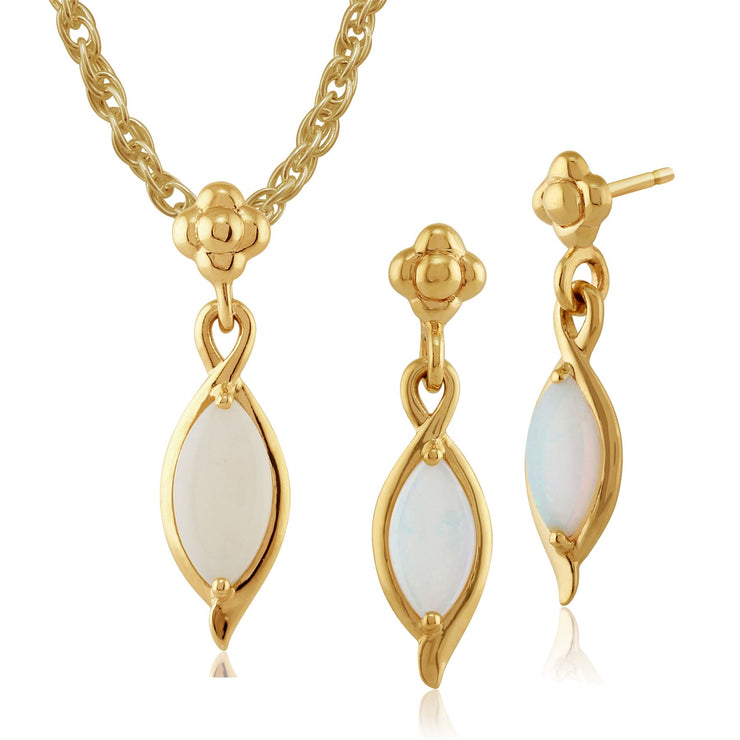Pendentif et Boucles d'Oreilles Pendantes Classique Or Jaune 375 Opale Marquise Fleur style Cluster