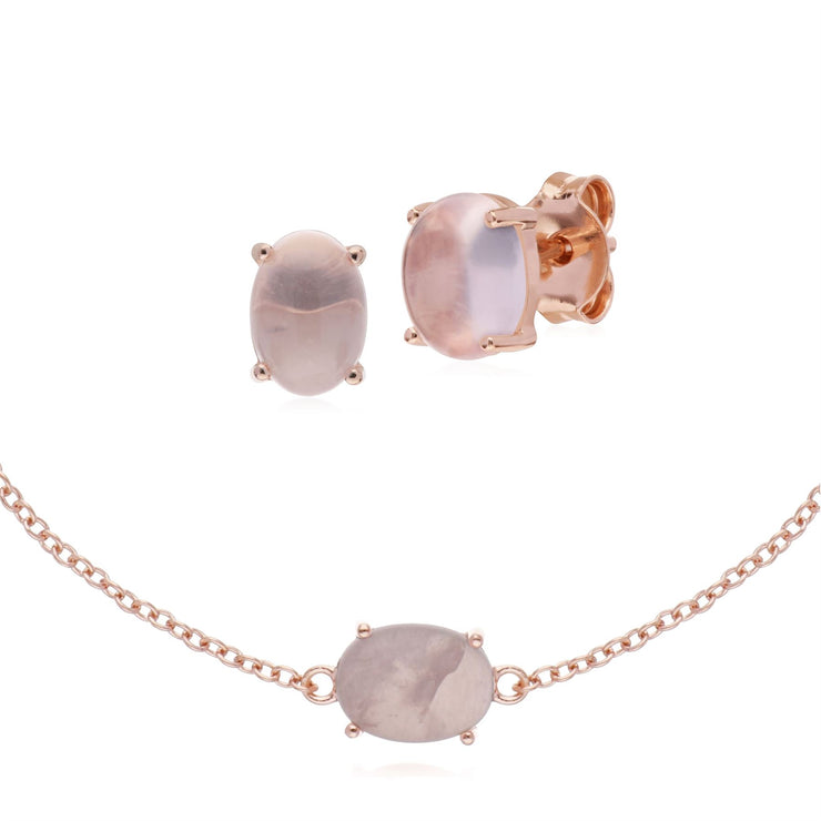 Bracelet et Boucles d'oreilles Clou Classique Argent 925 Plaqué Or Rose Quartz Rose Oval