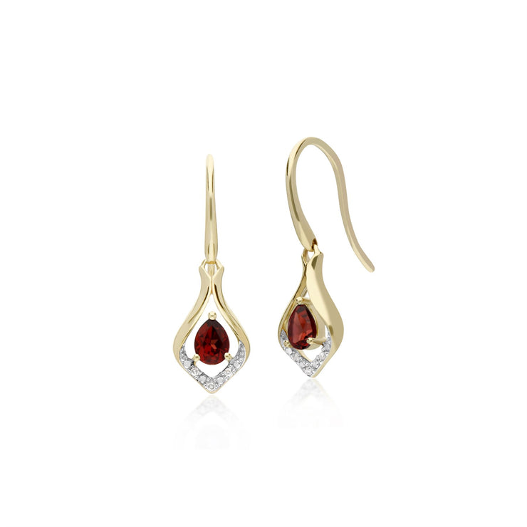 Boucles d'Oreilles Dormeuses et Pendentif Feuille Classique Or Jaune 375 Grenat et Diamant
