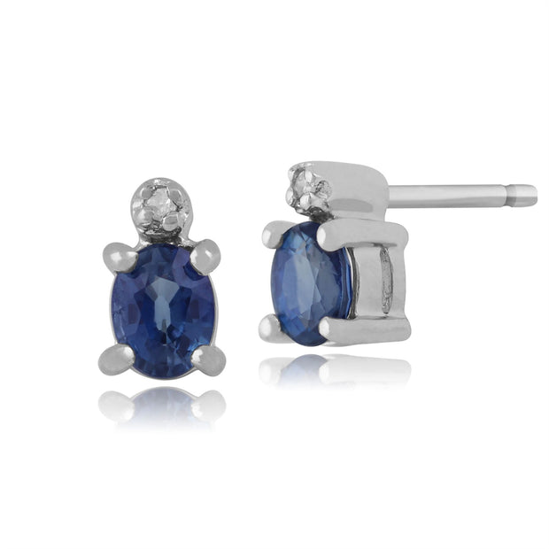 Boucles d'Oreilles Clou Classique Or Blanc 375 Saphir Bleu Clair Oval et Diamant