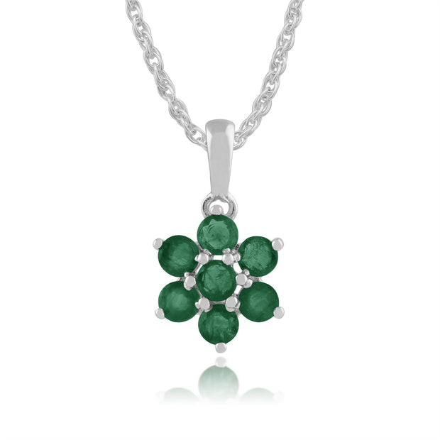 Pendentif et Boucles d'Oreilles Clou Floral Argent 925 Emeraude Cluster