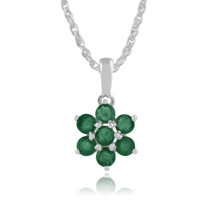 Pendentif et Boucles d'Oreilles Clou Floral Argent 925 Emeraude Cluster