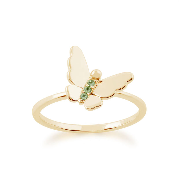 Set de Trois Bagues Empilables Floral Or Jaune 375 Péridot et Diamant Papillion et Fleurs