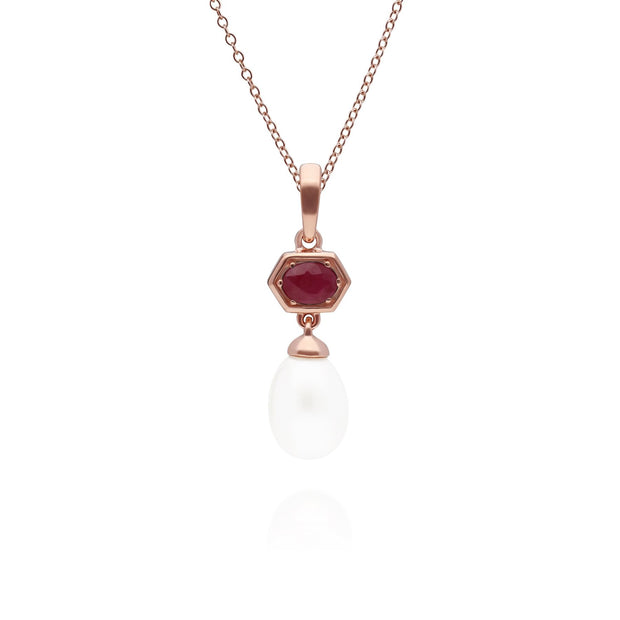 Pendentif Moderne Perle Argent 925 Plaqué Or Rose Perle et Rubis Hexagonal