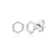 Boucles d'Oreilles Clou Pavé Diamant Hexagone Or Blanc 375