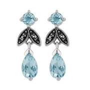 Collier et Boucles d'Oreilles Feuille Style Art Déco Argent 925 Topaze Bleue Poire et Marcassite