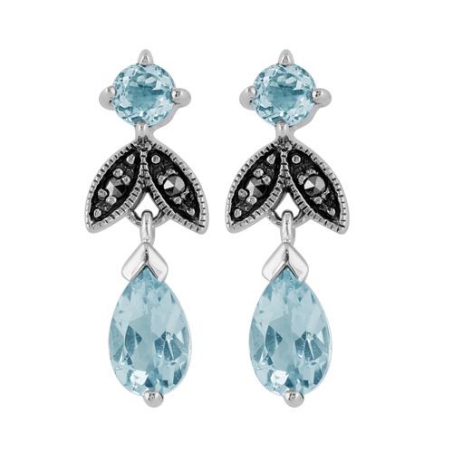 Collier et Boucles d'Oreilles Feuille Style Art Déco Argent 925 Topaze Bleue Poire et Marcassite