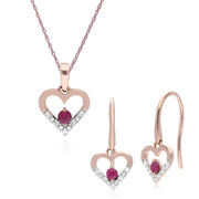 Boucles d'Oreilles Pendantes et Pendentif Cœur Classique Or Rose 375 Rubis et Diamant