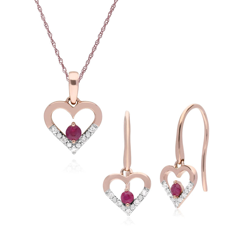 Boucles d'Oreilles Pendantes et Pendentif Cœur Classique Or Rose 375 Rubis et Diamant