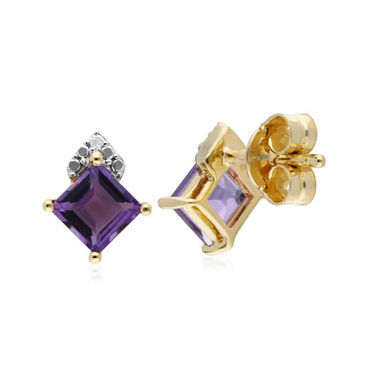 Boucles D'Oreilles Améthystes, 9 CT or Jaune Améthyste & Diamant Carré Boucles D'Oreilles