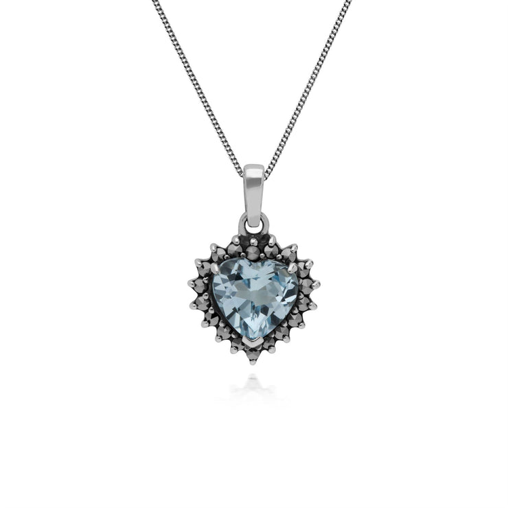 Topaze Collier, Argent Sterling Topaze Bleu & Marcassite Pendentif Coeur avec 45cm Chaîne