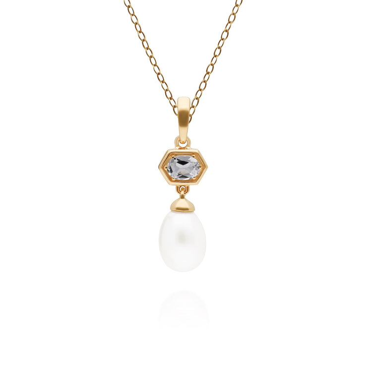 Pendentif Perle Moderne Hexagone Argent 925 Doré à l'Or Fin Perle et Topaze Blanche