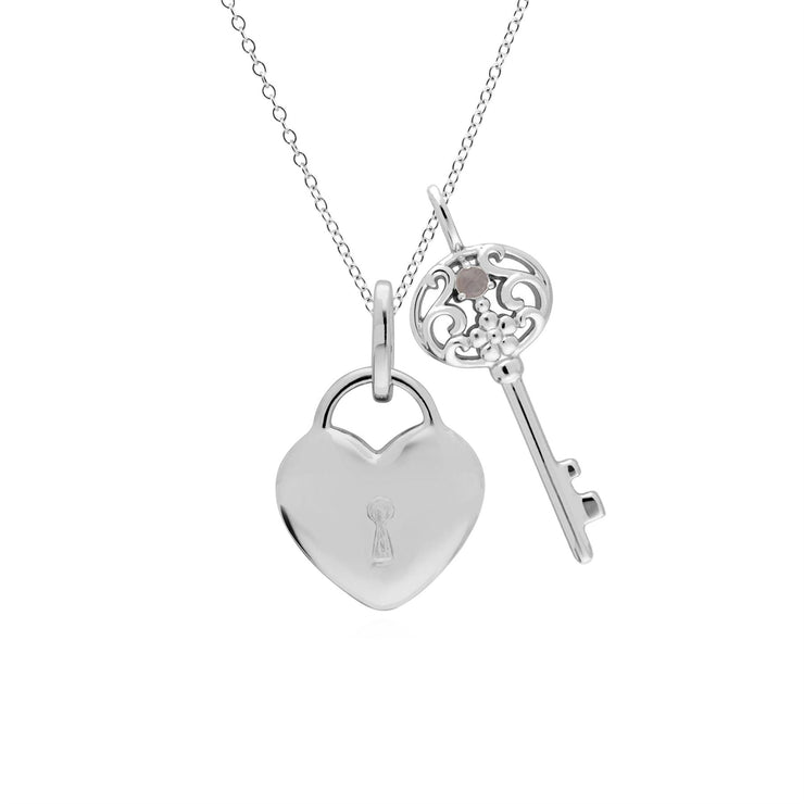 Pendentif Classique Cadenas Cœur Argent 925 et Charms Grande Clé Pierre de Lune Arc-en-Ciel