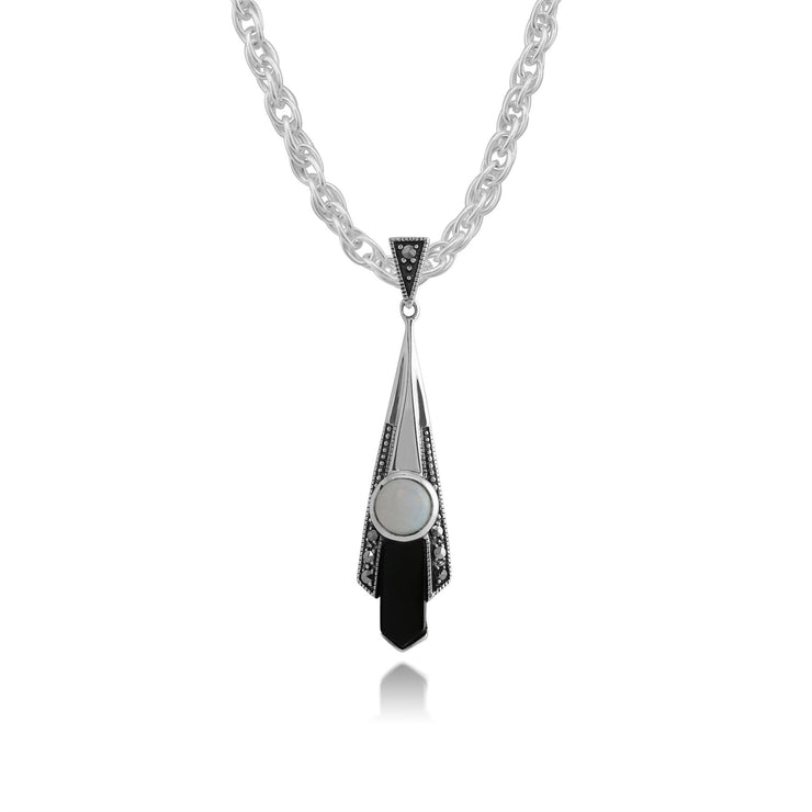 Pendentif Eventail Style Art Déco Argent 925 Opale, Onyx Noire et Marcassite