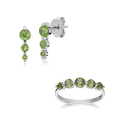 Boucles d'Oreilles Trois Pierres et Bague Cinq Pierres Classique Argent 925 Péridot