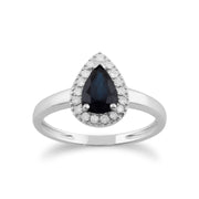 Bague Classique Or Blanc 375 Saphir Poire et Diamand halo