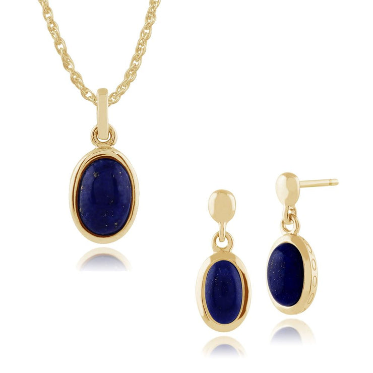 Pendentif et Boucles d'Oreilles Pendantes Classique Or Jaune 375 Lapis Lazuli Oval serti Clos