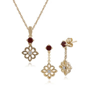 Boucles d'Oreilles Pendantes et Pendentif Floral Or Jaune 375 Grenat et Diamant