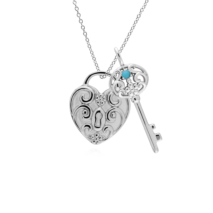 Pendentif Classique Cadenas Cœur Torsadé Argent 925 et Charms Grande Clé Turquoise