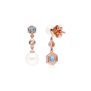 Boucles d'Oreilles Pendantes Asymétriques Perle Moderne Argent 925 Plaqué Or Perle et Topaze Bleue et Blanche