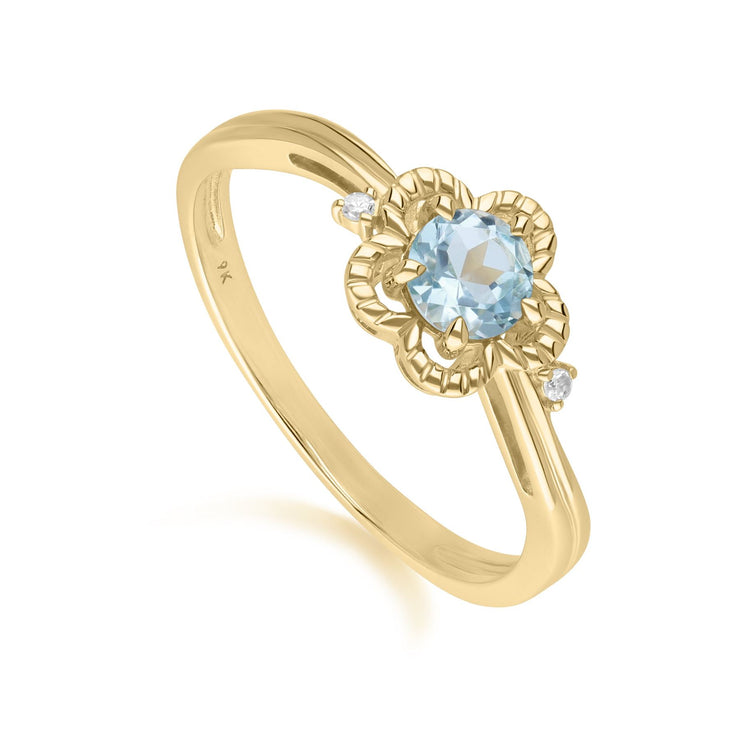 Bague Florale Or Jaune 375 avec Topaze Bleu et Diamant Ronds