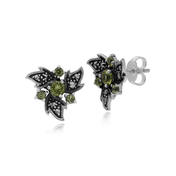 Peridot Boucles D'Oreilles, Argent Sterling Peridot & Marcassite Nouveau Floral Boucles D'Oreilles
