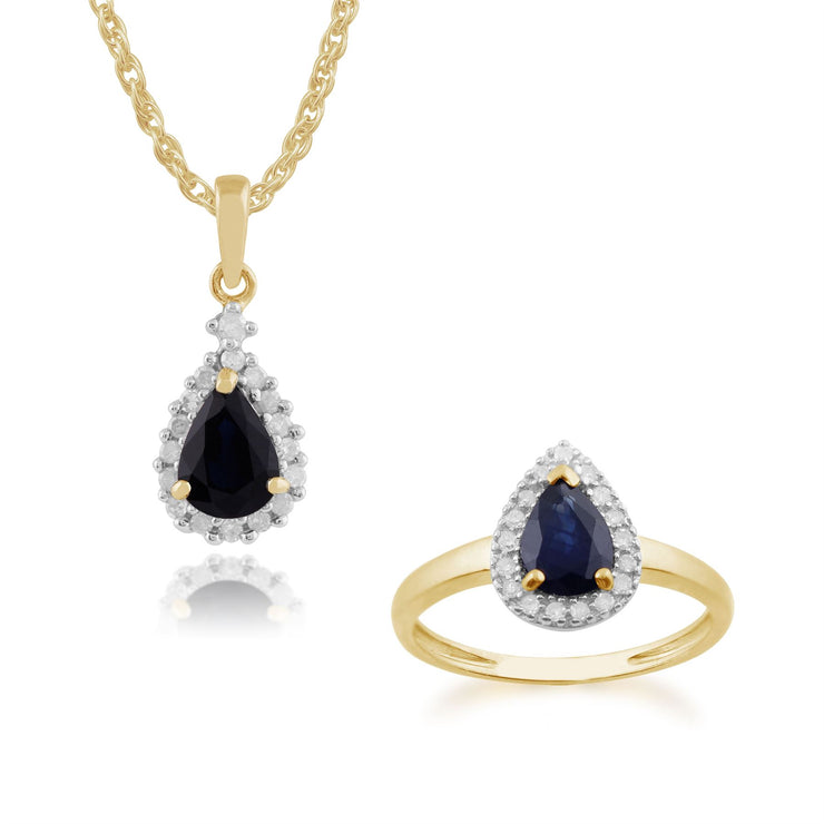 Pendentif et Bague Classique Or Jaune 375 Saphir Poire et Diamant Halo