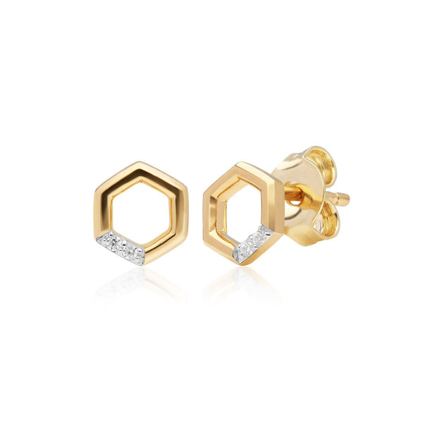 Collier et Boucles d'Oreilles Clou Pavé Diamant Hexagone Or Jaune 375 Diamant