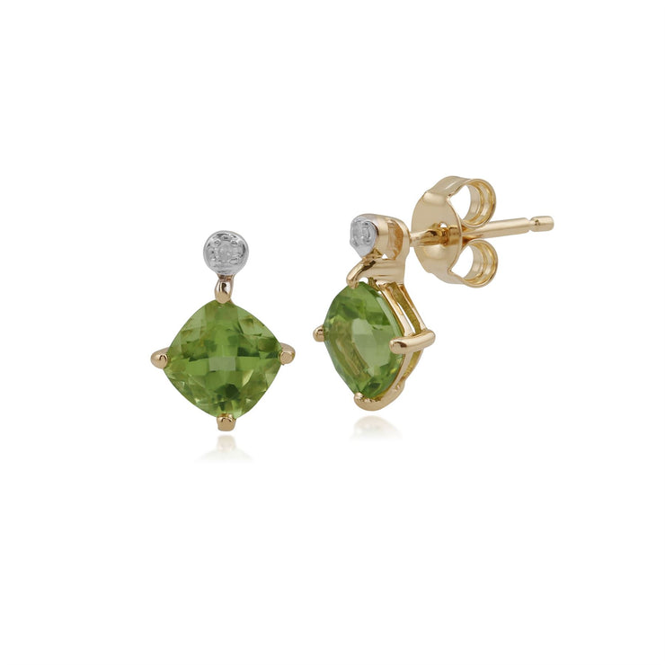 Pendentif et Boucles d'Oreilles Clou Classique Or Jaune 375 Péridot Coussin et Diamant