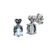 Topaze Boucles D'Oreilles, Argent Sterling Topaze Bleu & Marcassite Boucles D'Oreilles Ovales Clous