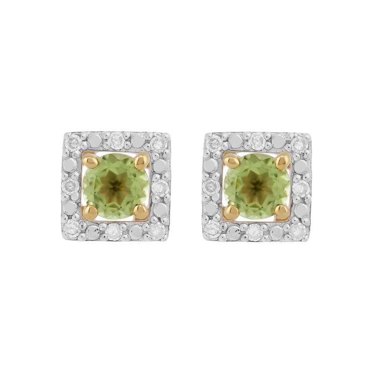Boucles d'Oreilles Clou Péridot Classique Or Jaune 375 et Ear-Jacket Carré Diamant