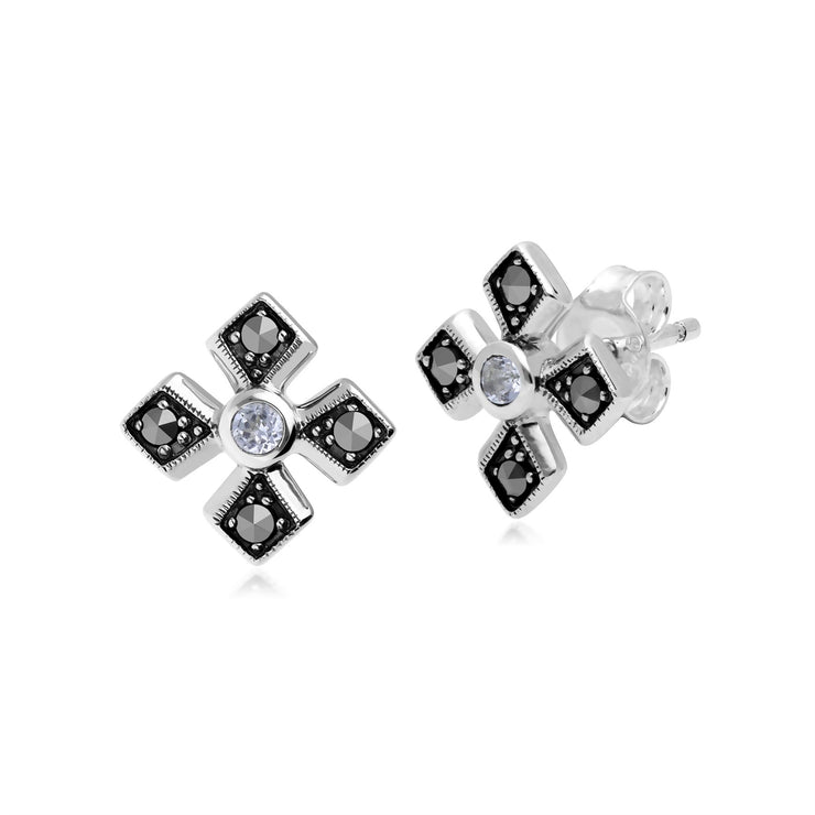 Boucles d'Oreilles Clou Croix Gothique Style Art Déco Argent 925 Topaze Blanche et Marcassite