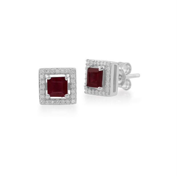 Boucles d'Oreilles Clou Or Blanc 375 Carré Rubis et Diamant