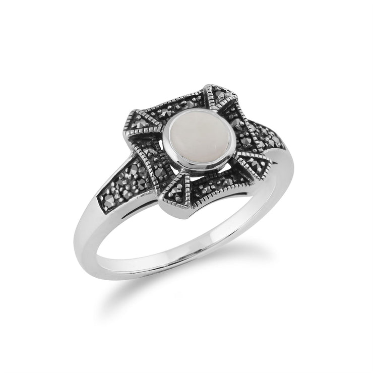 Gemondo Art Déco Bague, 925 Sterling Silver 0.31ct Opale & Marcassite Art Déco Bague