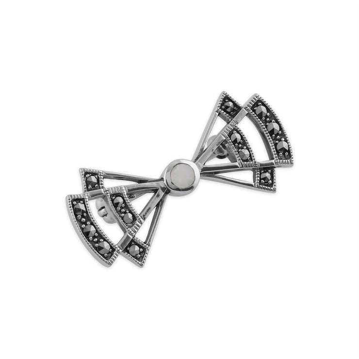 Broche Style Art Déco Argent 925 Eventail Ajouré Opalet et Marcassite