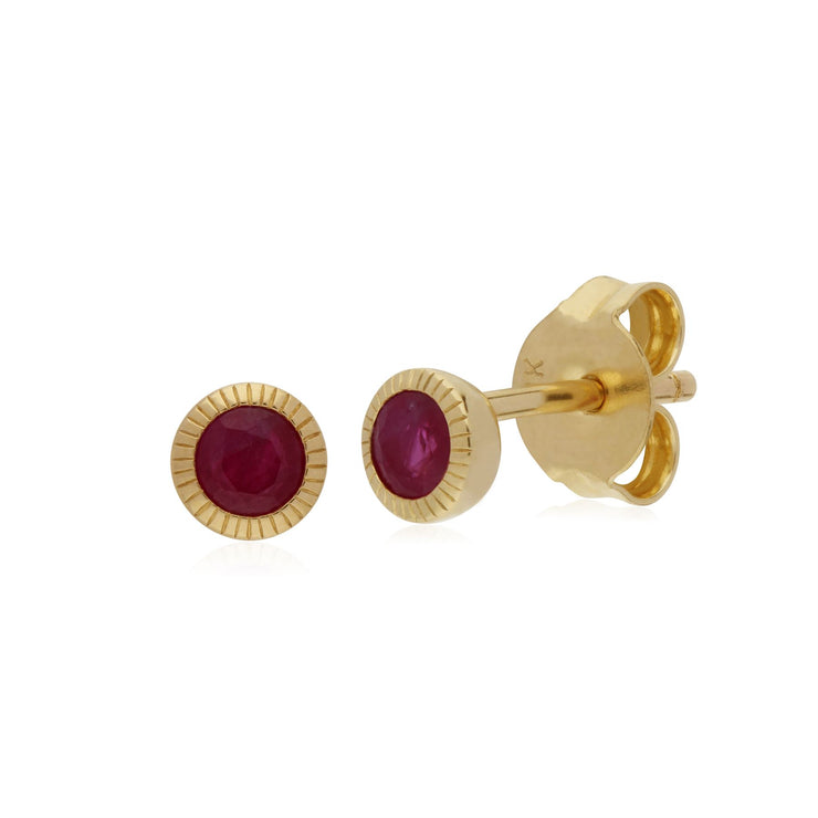 Rubis Boucles D'Oreilles, 9 CT or Jaune Rubis Pierre Unique Rond Milgrain Boucles D'Oreilles