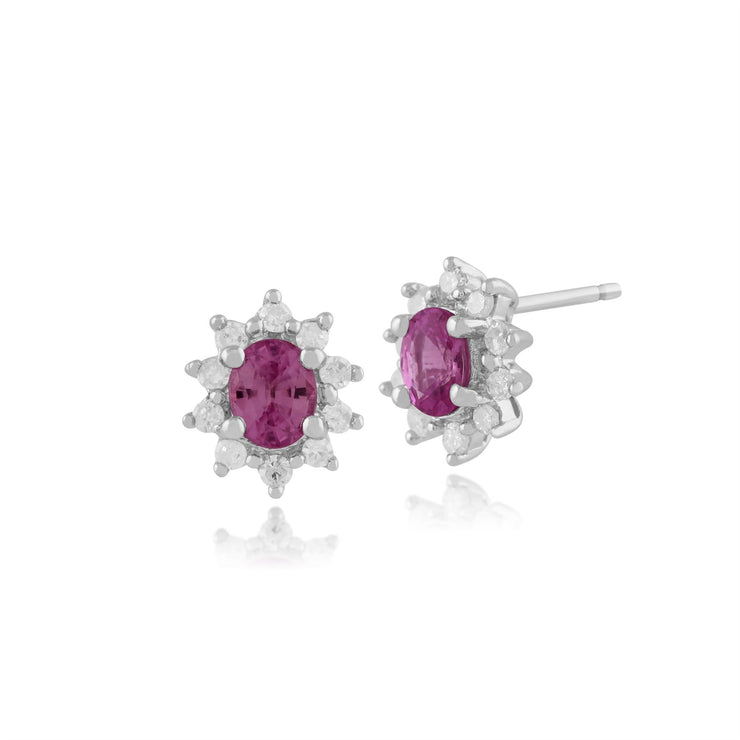Pendentif et Boucles d'Oreilles Clou Classique Or Blanc 375 Saphir Rose Oval et Diamant Cluster