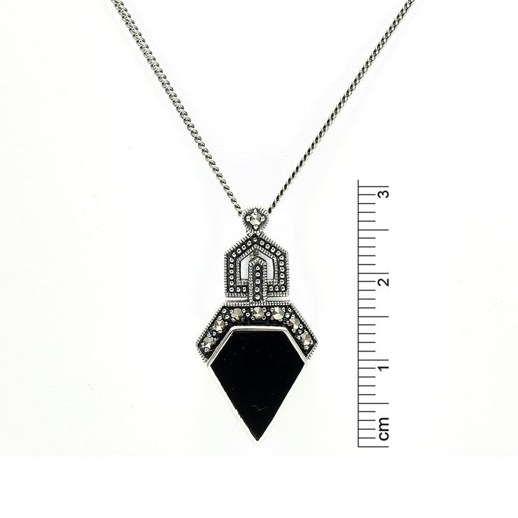 Collier et Boucles d'Oreilles Clou Feuille Style Art Déco Argent 925 Onyx Noire et Marcassite